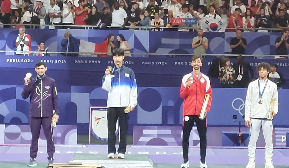 Medal winners on the podium for taekwondo at the Paris 2024 Olympics